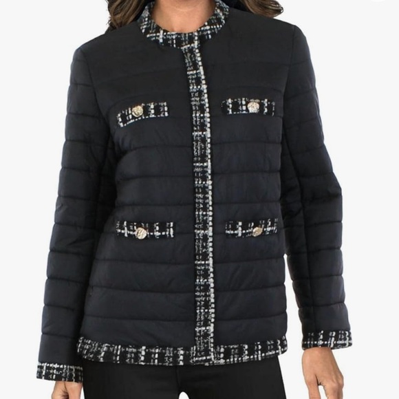 Anne Klein Womens Tweed Trim Outerwear Quilted Coat - Picture 1 of 9